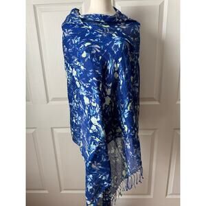 Coldwater Creek Blue Floral Linen Blend Scarf Wrap Fringe 27x 74 Coastal Boho